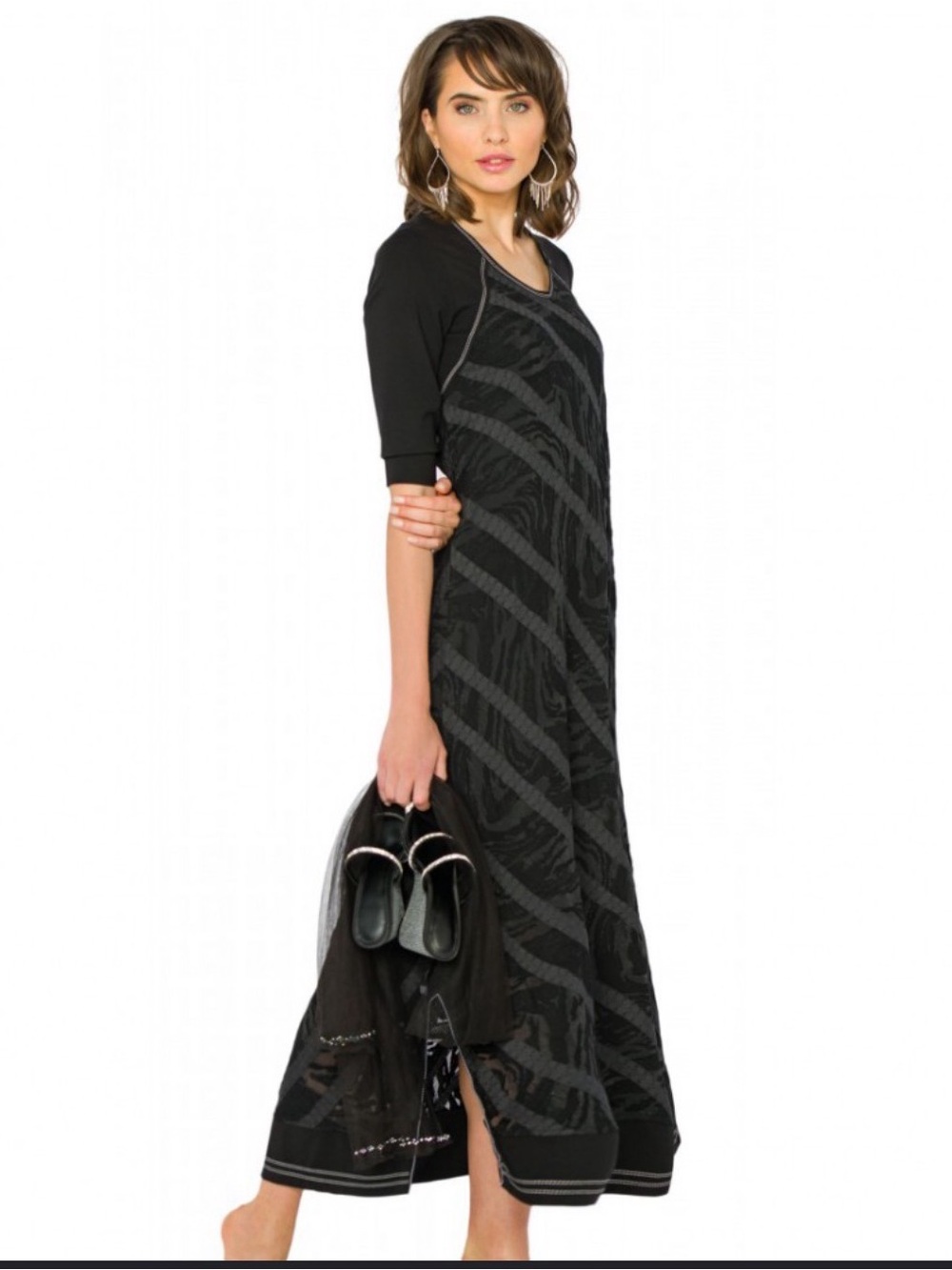 BEATE HEYMANN Sheer Mixed Print Hippie Lagenlook Half-Sleeve Maxi Dress Sz 8
